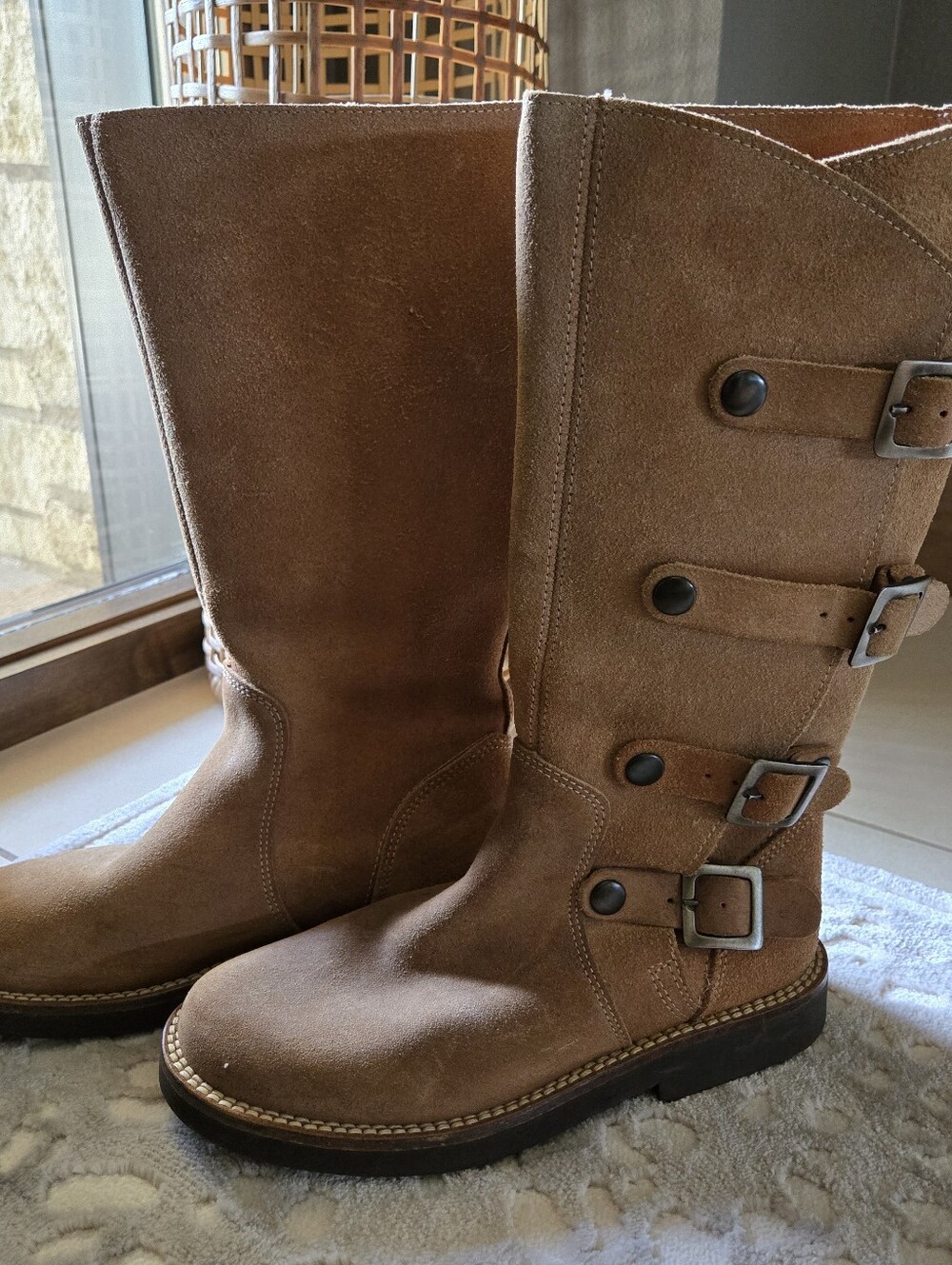 Sundance Tan Suede Western Buckle Moto Boho Biker Boot 8 9 Trend Grunge Gorpcore
